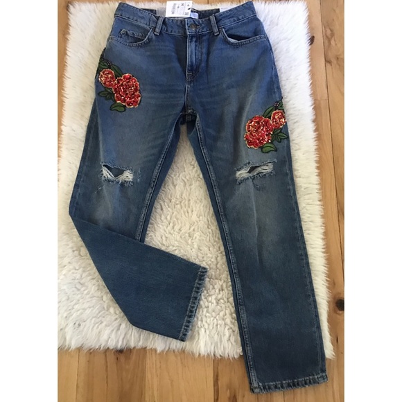 NWT Zara Floral Sequin Beaded Distressed Jeans - Picture 2 of 8